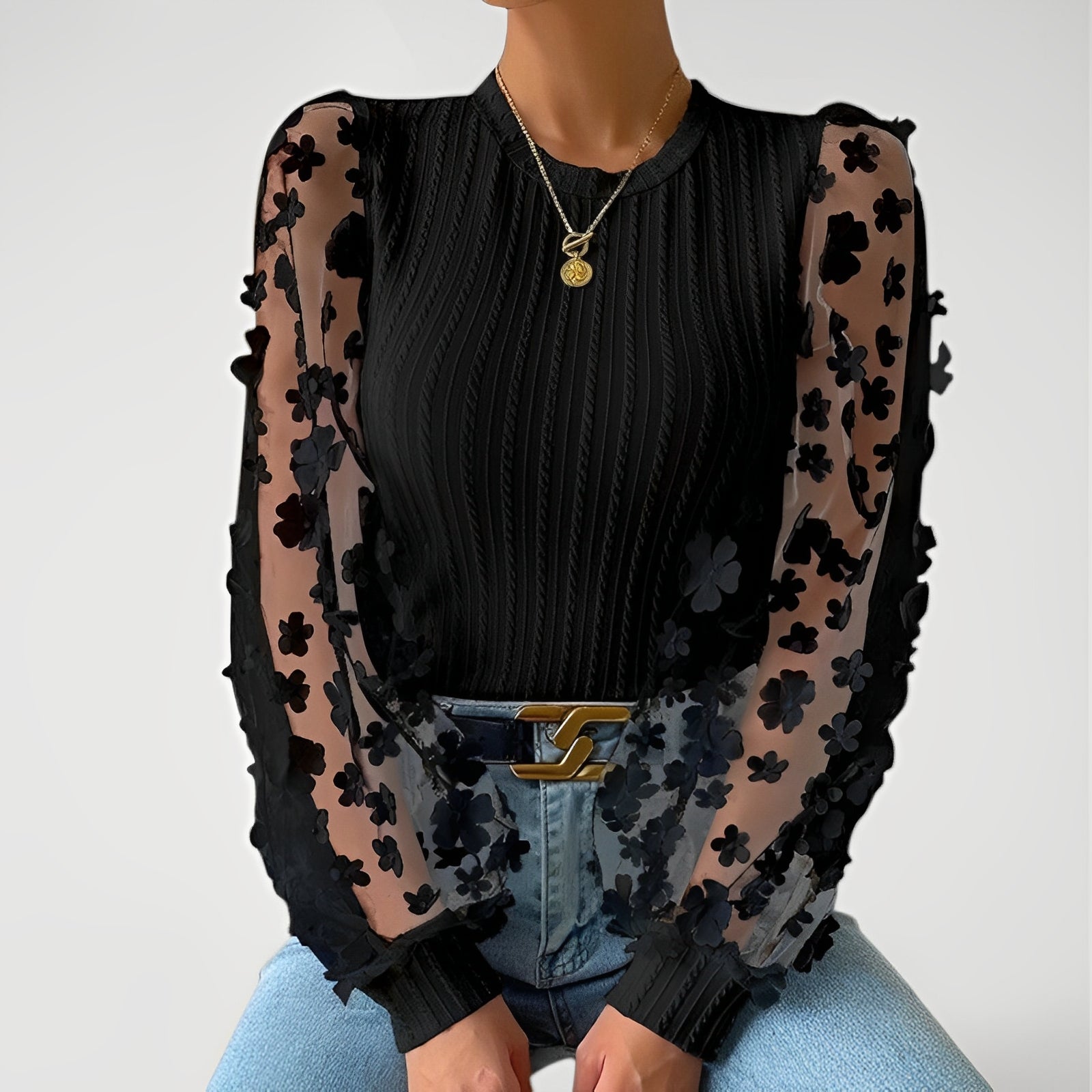 Elisa – Blouse with Chiffon Sleeves in Floral Print and Knit Body