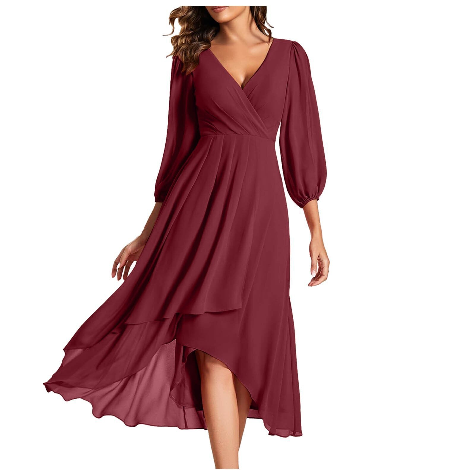 Izabella – Dress with a V-neck and asymmetrical hem with long sleeves