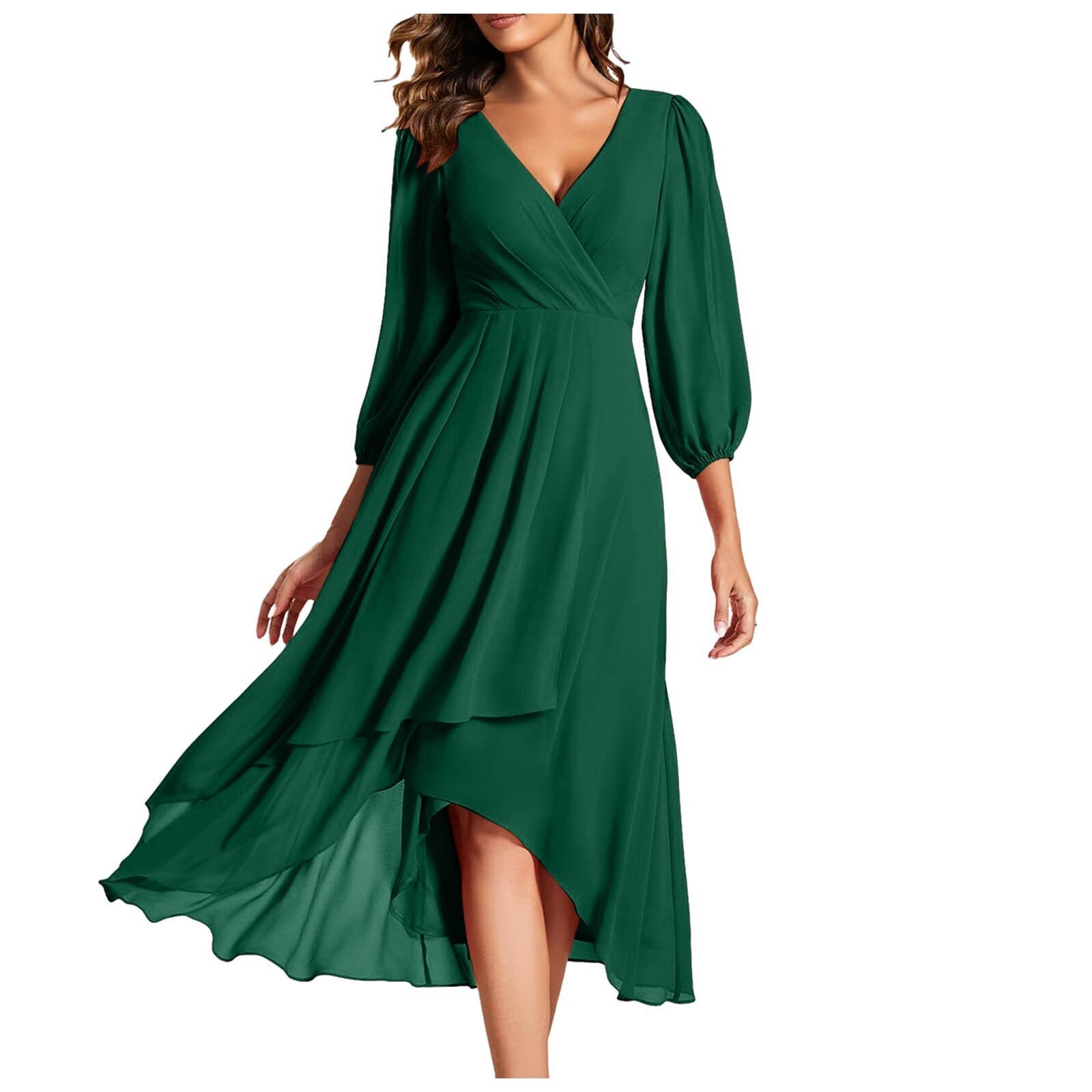 Izabella – Dress with a V-neck and asymmetrical hem with long sleeves