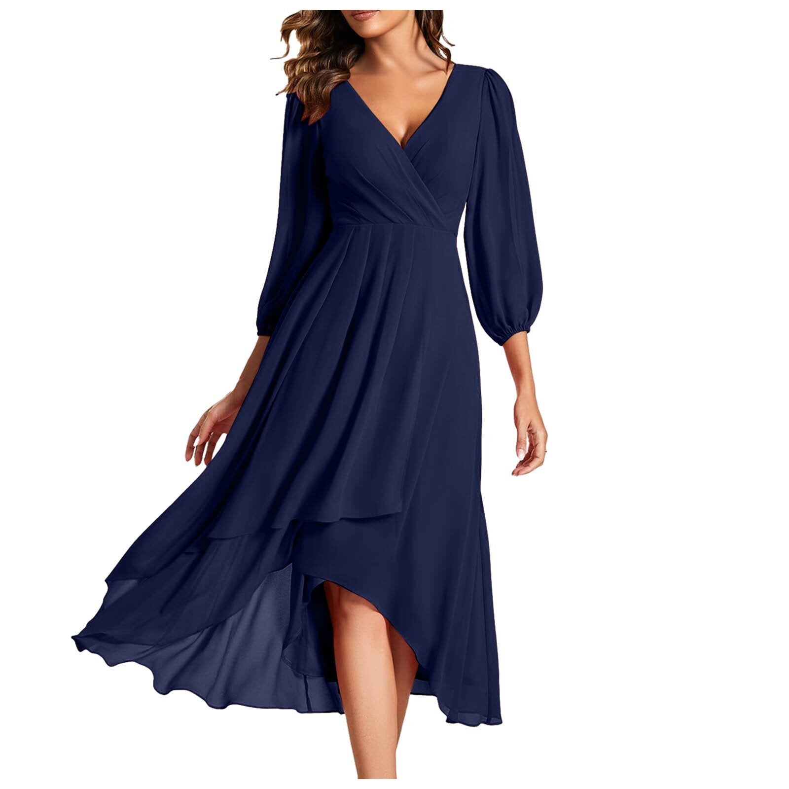 Izabella – Dress with a V-neck and asymmetrical hem with long sleeves